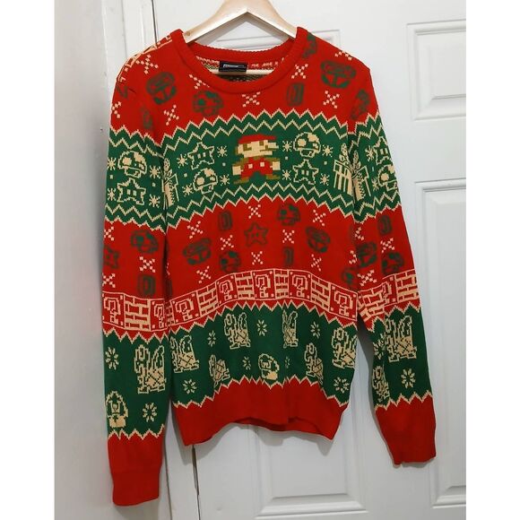 Super Mario mens large ugly Christmas sweater red green - Picture 2 of 7